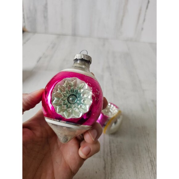 Radko shiny Brite double pink indent teardrop flocked Mercury glass ornament set - Picture 8 of 16